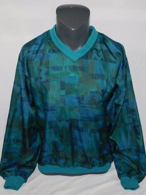 VTG Forrester's Outerwear Blue Green abstract Pattern Golf Wind Shirt Mens L
